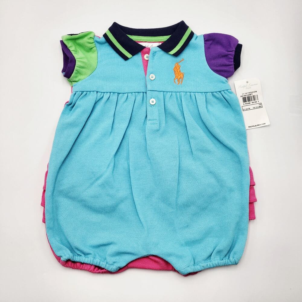 NWT Ralph Lauren Layette Multicolor Colorblock Ruffle Bubble Romper Baby 3 mths